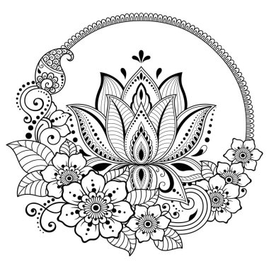Mandala kına Mehndi, dövme, dekorasyon için Lotus çiçeği ile şeklinde dairesel desende. Dekoratif süsleme etnik oryantal tarzı. Boyama kitabı sayfası.