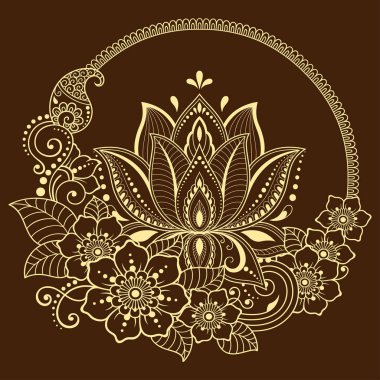 Mandala kına Mehndi, dövme, dekorasyon için Lotus çiçeği ile şeklinde dairesel desende. Dekoratif süsleme etnik oryantal tarzı. Boyama kitabı sayfası.