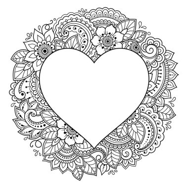 Kına Mehndi, dövme, dekorasyon için kalp şeklinde desen - çerçeve. Dekoratif süsleme etnik oryantal tarzı, Hint tarzı. Boyama kitabı sayfası.