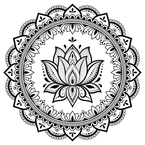 Mandala kına Mehndi, dövme, dekorasyon için Lotus çiçeği ile şeklinde dairesel desende. Dekoratif süsleme etnik oryantal tarzı. Boyama kitabı sayfası.