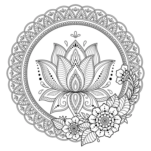 Mandala kına Mehndi, dövme, dekorasyon için Lotus çiçeği ile şeklinde dairesel desende. Dekoratif süsleme etnik oryantal tarzı. Boyama kitabı sayfası.