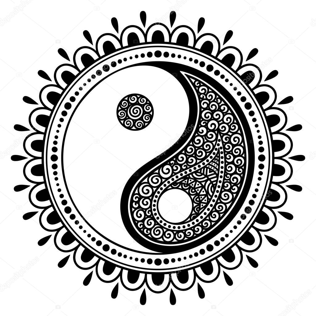 Circular pattern in form of mandala for Henna, Mehndi, tattoo, decoration. Decorative ornament in oriental style with Yin-yang hand drawn symbol. Coloring book page.