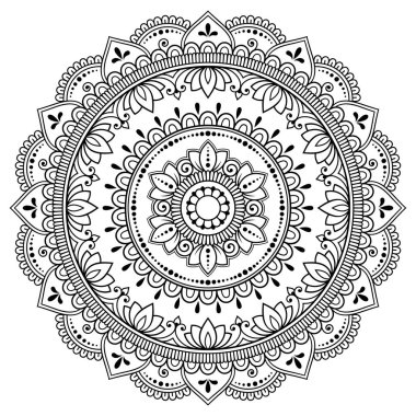 Mandala kına Mehndi, dövme, dekorasyon için çiçek şeklinde dairesel desende. Dekoratif süsleme etnik oryantal tarzı. Boyama kitabı sayfası.
