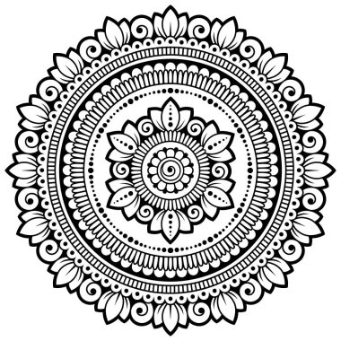 Mandala kına Mehndi, dövme, dekorasyon için çiçek şeklinde dairesel desende. Dekoratif süsleme etnik oryantal tarzı. Boyama kitabı sayfası.