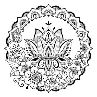 Mandala kına Mehndi, dövme, dekorasyon için Lotus çiçeği ile şeklinde dairesel desende. Dekoratif süsleme etnik oryantal tarzı. Boyama kitabı sayfası.