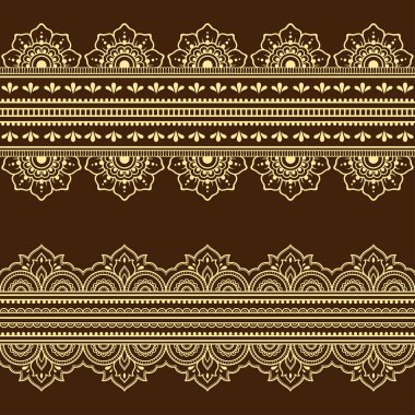 Tasarım, uygulama, kına, Mehndi ve dövme için sorunsuz kenarlık kümesi. Etnik oryantal tarzda dekoratif desen.