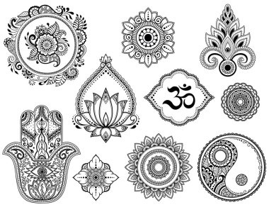 Kına çizim ve dövme için büyük kümesi Mehndi çiçek deseni, lotus, mandala, mantra Om, Yin-yang sembolü ve hamza. Etnik oryantal, Hint tarzında.