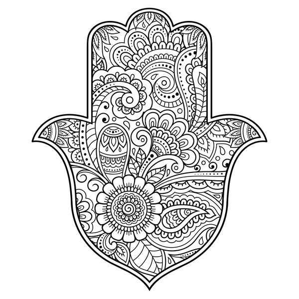 Hamsa Símbolo Dibujado Mano Con Flor Patrón Decorativo Estilo Oriental — Vector de stock