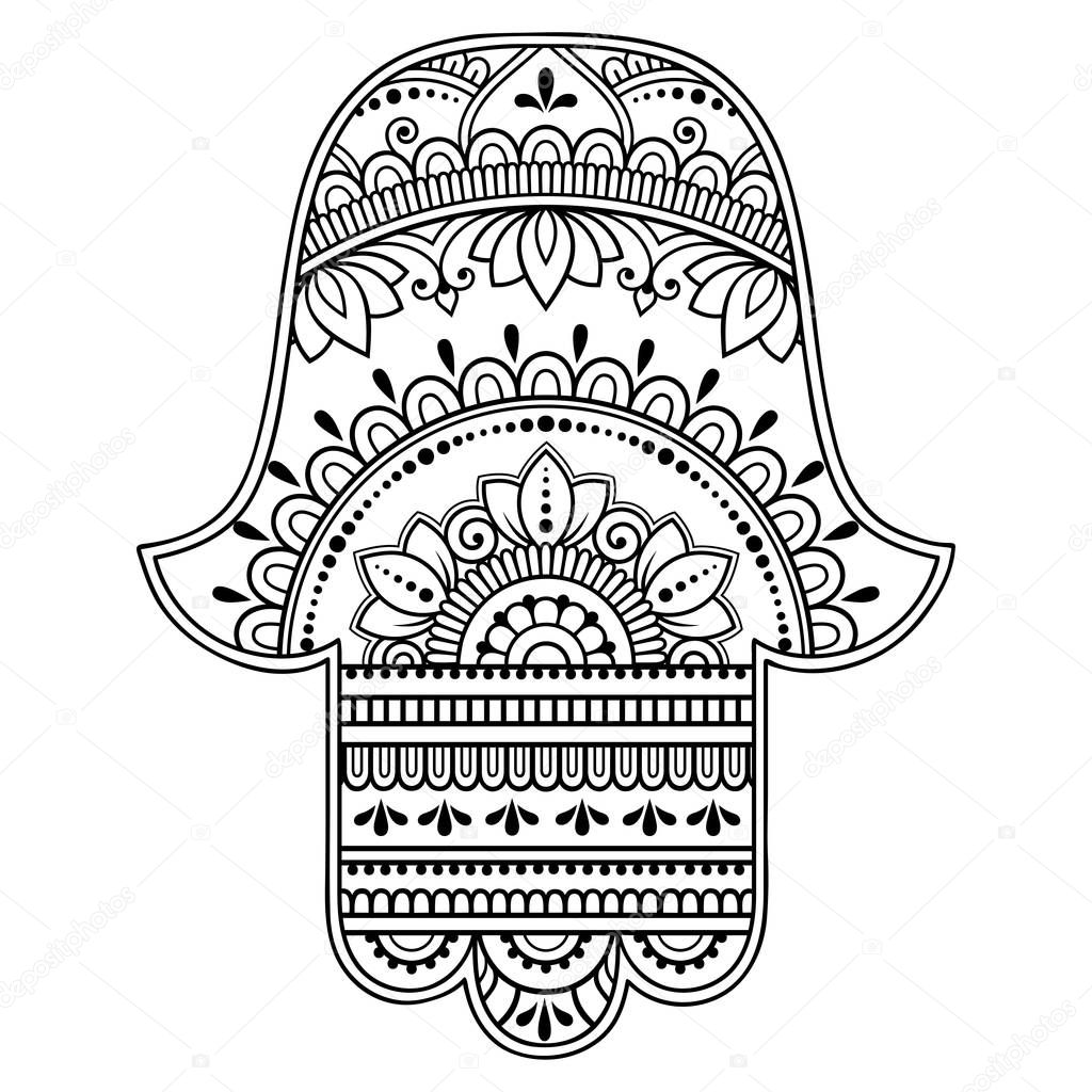 Hamsa hand drawn symbol with flower. Decorative pattern in oriental style for interior decoration and henna drawings. The ancient sign of 