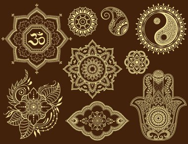 Kına çizim ve dövme için büyük kümesi Mehndi çiçek deseni, lotus, mandala, mantra Om, Yin-yang sembolü ve hamza. Etnik oryantal, Hint tarzında.