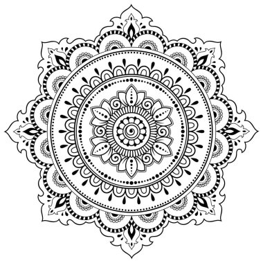 Mandala kına Mehndi, dövme, dekorasyon için çiçek şeklinde dairesel desende. Dekoratif süsleme etnik oryantal tarzı. Boyama kitabı sayfası.