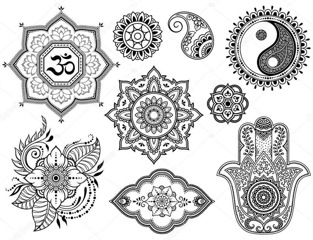 Big set of Mehndi flower pattern, lotus, mandala, mantra OM, Yin-yang symbol and Hamsa for Henna drawing and tattoo. Decoration in ethnic oriental, Indian style.