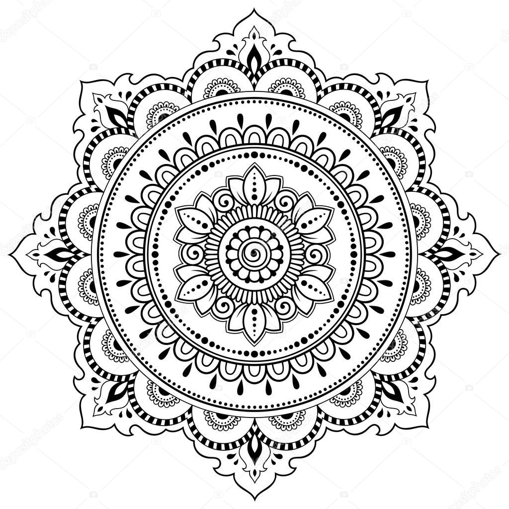 Circular pattern in form of mandala with flower for Henna, Mehndi, tattoo, decoration. Decorative ornament in ethnic oriental style. Coloring book page.