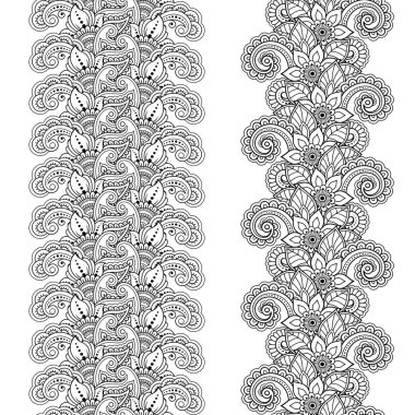 Tasarım, uygulama, kına, Mehndi ve dövme için sorunsuz çiçek kenarlık kümesi. Etnik oryantal tarzda dekoratif desen.