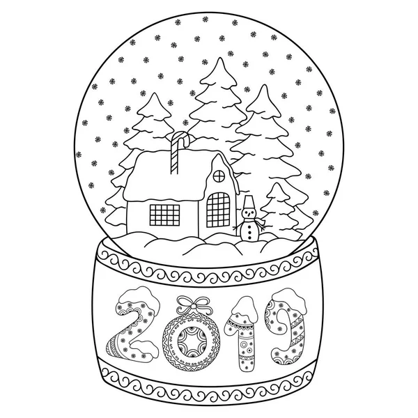 Toy Glass Snow Globe House Lettering Number 2019 Coloring Book — Stock Vector