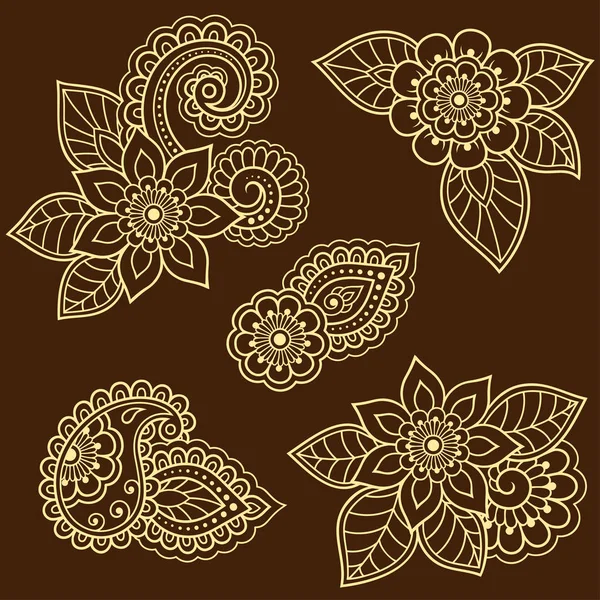 Ensemble Motif Fleurs Mehndi Pour Dessin Henné Tatouage Décoration Orientale — Image vectorielle