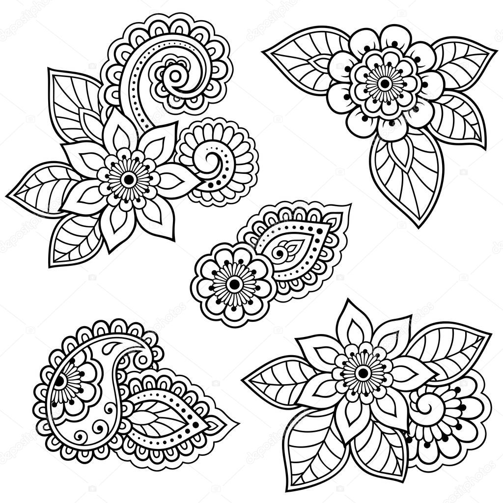 Set of Mehndi flower pattern for Henna drawing and tattoo. Decoration in ethnic oriental, Indian style.