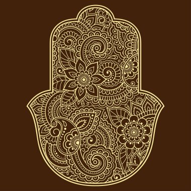 Hamsa eli çiçekle çizilmiş sembol. İç dekorasyon ve kına çizimleri için doğu tarzı dekoratif desen. Antik işaret 