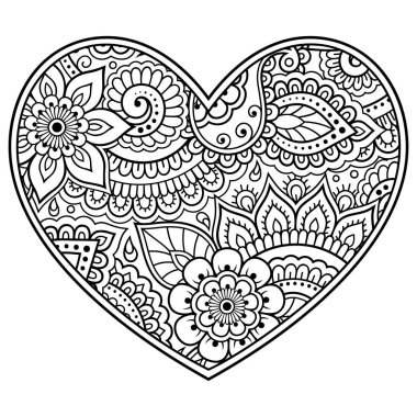 Kına çizimi ve dövme için kalp şeklinde Mehndi çiçek deseni. Etnik doğuya özgü dekorasyon, Hint tarzı. Sevgililer Günü selamları. Boyama kitabı sayfası.