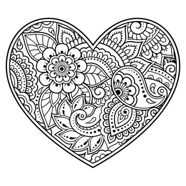 Kına çizimi ve dövme için kalp şeklinde Mehndi çiçek deseni. Etnik doğuya özgü dekorasyon, Hint tarzı. Sevgililer Günü selamları. Boyama kitabı sayfası.