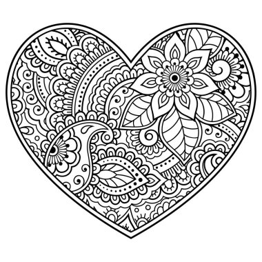 Kına çizimi ve dövme için kalp şeklinde Mehndi çiçek deseni. Etnik doğuya özgü dekorasyon, Hint tarzı. Sevgililer Günü selamları. Boyama kitabı sayfası.
