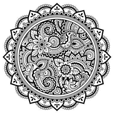 Mandala kına Mehndi, dövme, dekorasyon için çiçek şeklinde dairesel desende. Dekoratif süsleme etnik oryantal tarzı. Boyama kitabı sayfası.