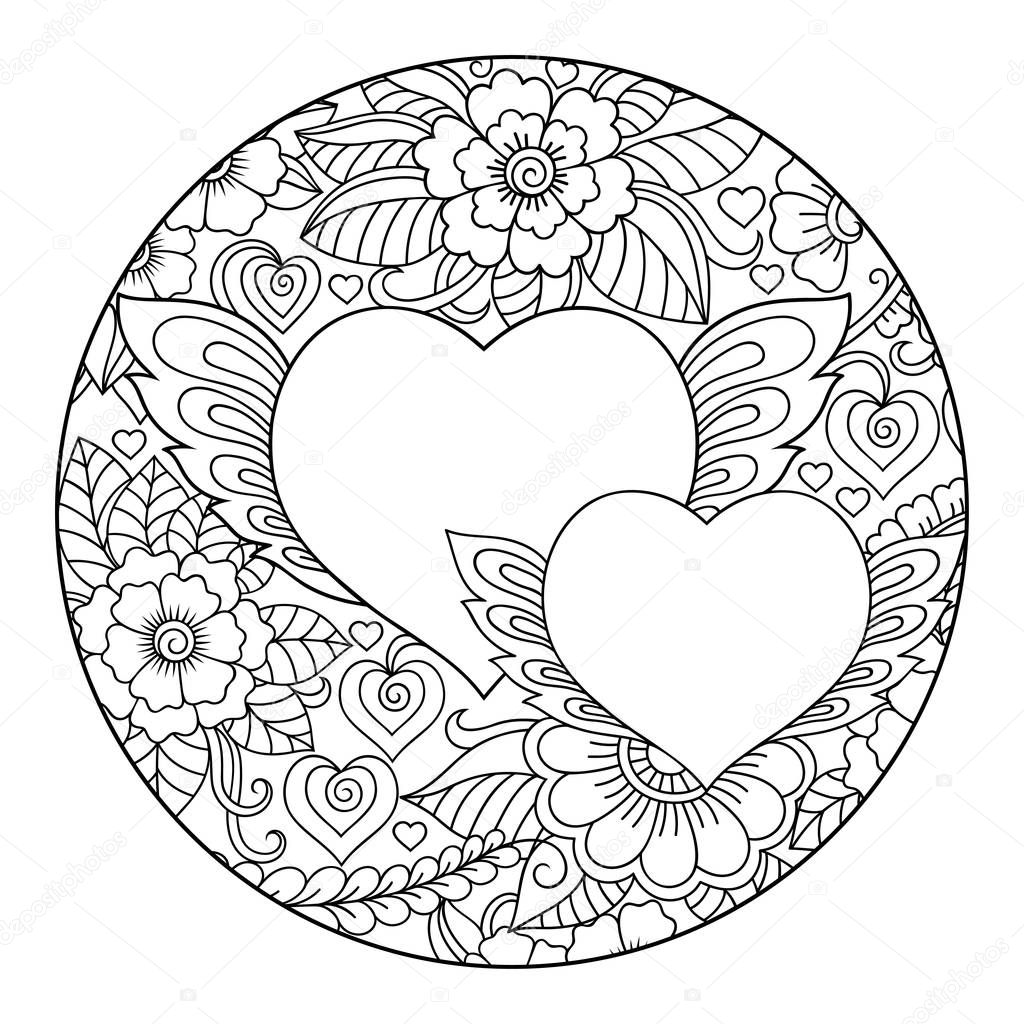 Mehndi flower round pattern and heart for Henna drawing and tattoo. Decoration in ethnic oriental, Indian style. Coloring book page.