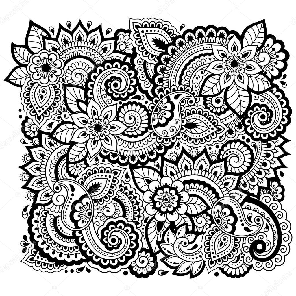 Outline floral pattern for coloring book page. Antistress for adults and children. Doodle ornament in black and white. Hand draw vector illustration.