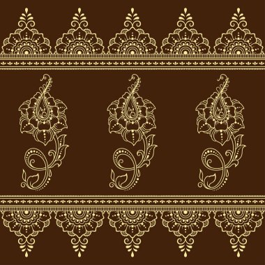 Mehndi çiçek deseni ve kına çizim ve dövme için sorunsuz kenarlık kümesi. Oryantal, Hint tarzında.