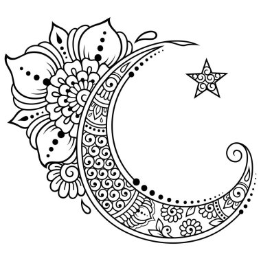 Yıldız ve hilal mehndi tarzı çiçekli dini İslam sembolü. Dekoratif işareti yapımı ve dövmeler için. Doğu Müslüman anlamlar.