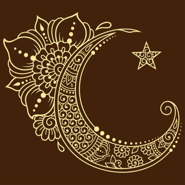 Yıldız ve hilal mehndi tarzı çiçekli dini İslam sembolü. Dekoratif işareti yapımı ve dövmeler için. Doğu Müslüman anlamlar.