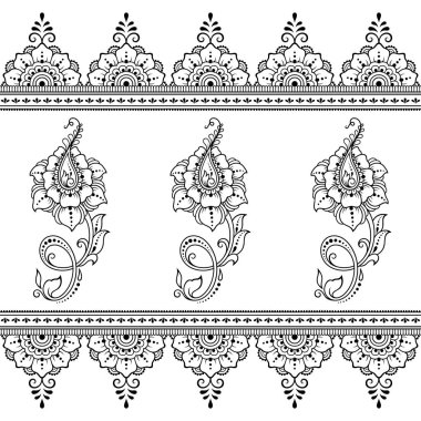 Mehndi çiçek deseni ve kına çizim ve dövme için sorunsuz kenarlık kümesi. Oryantal, Hint tarzında.