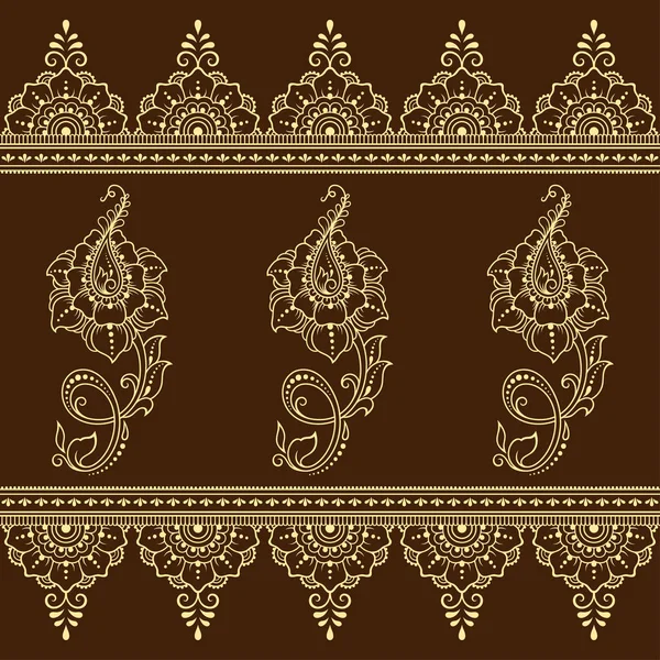 Set Mehndi Bloemenpatroon Naadloze Rand Voor Henna Tekening Tatoeage Decoratie — Stockvector