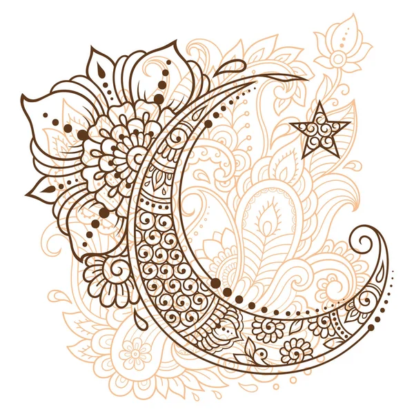 Vallási Iszlám Jelképe Csillag Félhold Virág Mehndi Stílusban Dekoratív Jel — Stock Vector