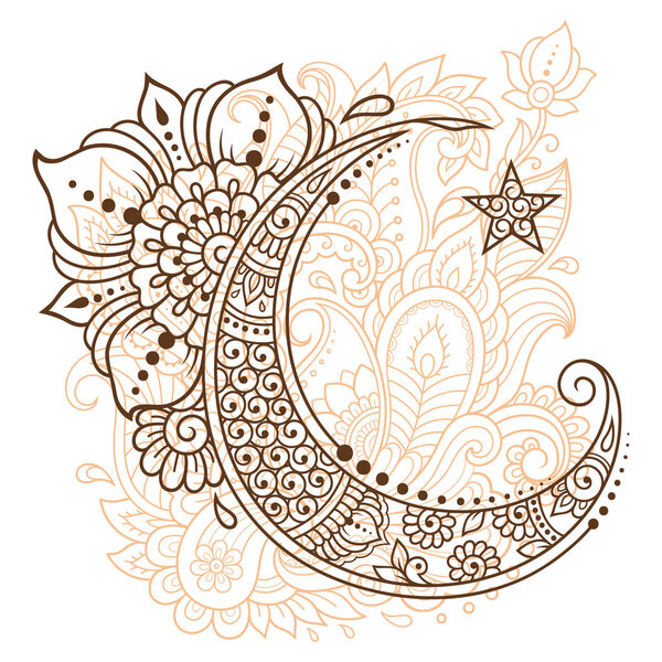 Religious Islamic symbol of the Star and the Crescent with flower in mehndi style. Decorative sign for making and tattoos. Eastern Muslim signifier.