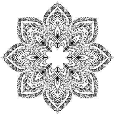 Mandala kına Mehndi, dövme, dekorasyon için çiçek şeklinde dairesel desende. Dekoratif süsleme etnik oryantal tarzı. Boyama kitabı sayfası.