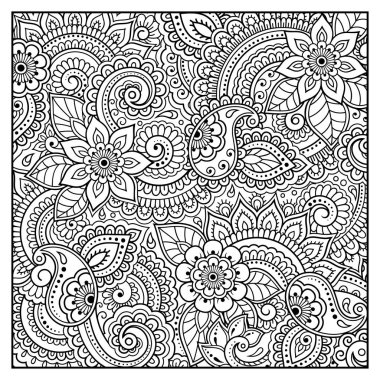 Kitap sayfa boyama için çiçek desenli anahat. Antistress yetişkinler ve çocuklar için. Doodle süs siyah ve beyaz. El çizmek vektör çizim.