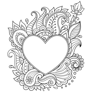 Mehndi çiçek deseni kalp şeklinde stilize. Etnik oryantal, Hint tarzı dekorasyonda. Sevgililer günü tebrik kartlarınızı.