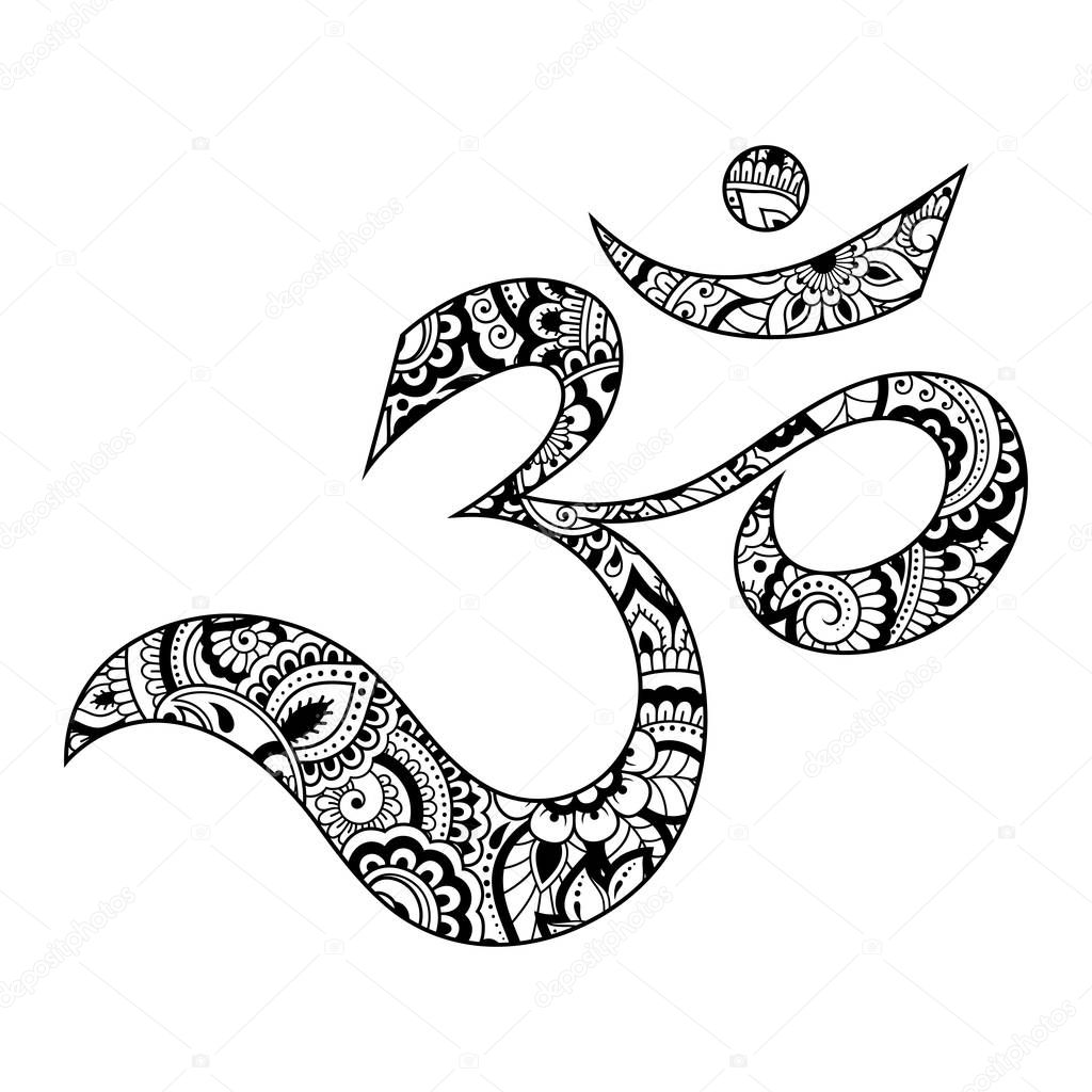 Om or Aum Indian sacred sound. The symbol of the divine triad of Brahma, Vishnu and Shiva. The sign of the ancient mantra in mehndi flower style.