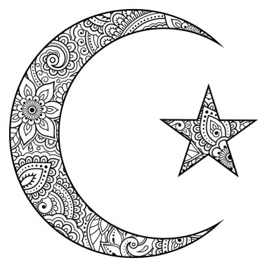 Yıldız ve hilal mehndi tarzı çiçekli dini İslam sembolü. Dekoratif işareti yapımı ve dövmeler için. Doğu Müslüman anlamlar.