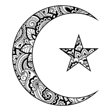 Yıldız ve hilal mehndi tarzı çiçekli dini İslam sembolü. Dekoratif işareti yapımı ve dövmeler için. Doğu Müslüman anlamlar.