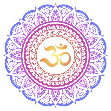 Mandala antik Hindu mantra Om ile şeklinde renkli dairesel desende ve lotus çiçeği kına Mehndi, dövme, dekorasyon için. Oryantal tarzda Dekoratif süsleme.