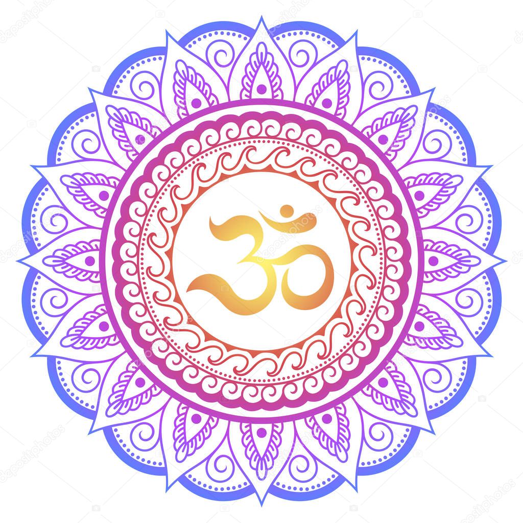 Color Circular pattern in form of mandala with ancient Hindu mantra OM and lotus flower for Henna, Mehndi, tattoo, decoration. Decorative ornament in oriental style.