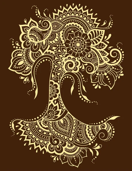 ヘナ図面とタトゥーのツリーの形で一時的な刺青の花のパターン エスニック オリエンタル インド スタイルで装飾 — ストックベクタ