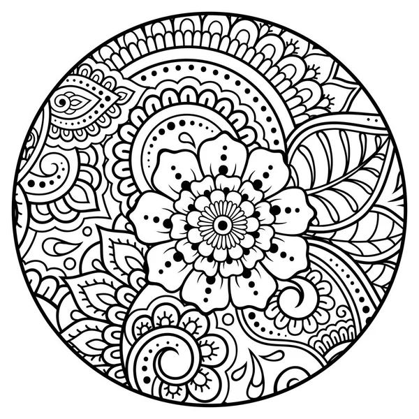 Очертания Круглого Цветочного Узором Стиле Mehndi Раскраски Страницы Книги Антистресс — стоковый вектор