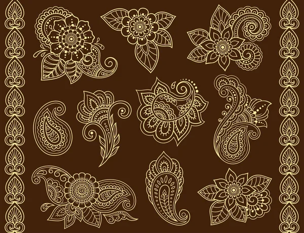 Ensemble Motif Fleurs Mehndi Bordure Transparente Pour Dessin Tatouage Henné — Image vectorielle