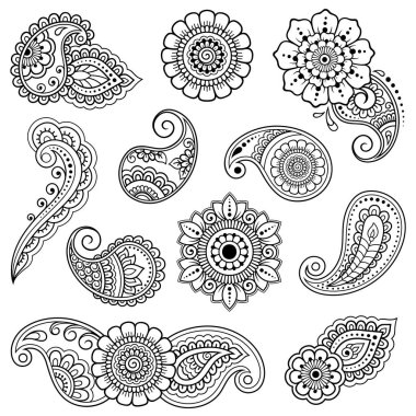 Mehndi çiçek deseni kına çizim ve dövme için kümesi. Etnik oryantal, Hint tarzında.