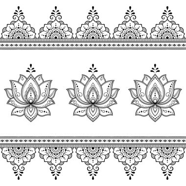 Mehndi lotus çiçek deseni ve kına çizim ve dövme için sorunsuz kenarlık kümesi. Oryantal, Hint tarzında.
