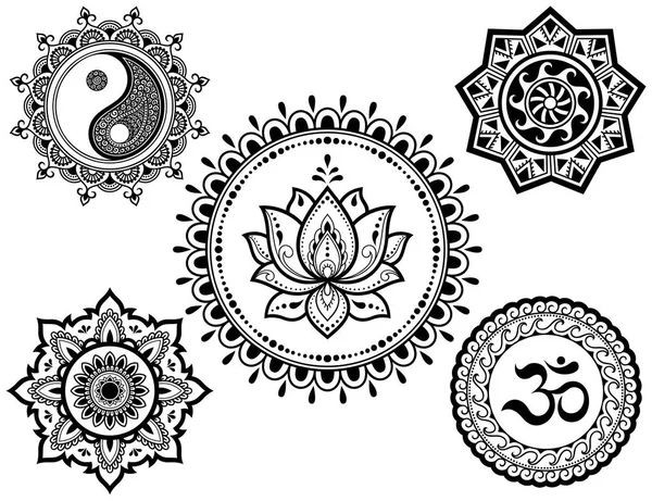 Set Modelli Circolari Forma Mandala Con Simboli Religiosi Segni Orientali — Vettoriale Stock