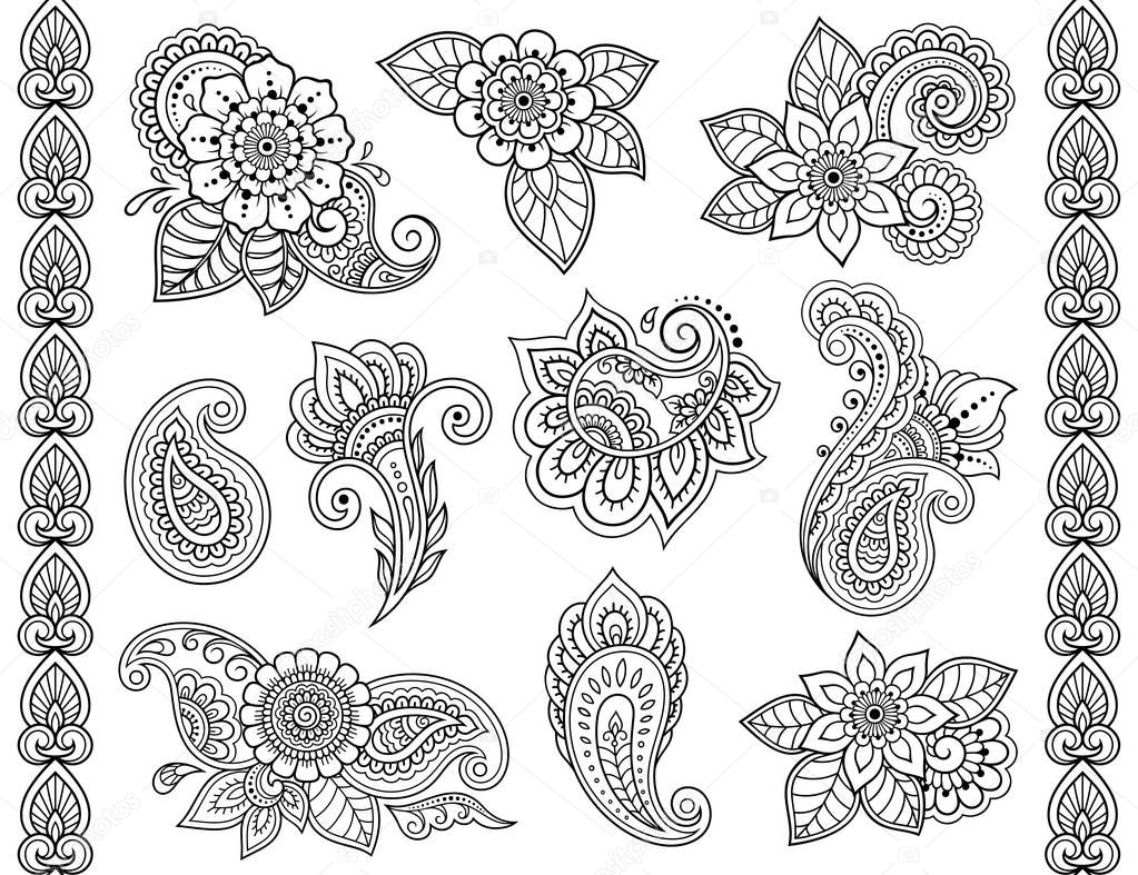 Set of Mehndi flower pattern and seamless border for Henna drawing and tattoo. Decoration in oriental, Indian style.